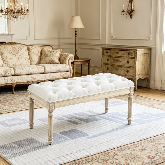 French Vintage Bench, Linen Fabric Entryway Bench, Upholstered Tufted End of Bed Bench with Brushed Wood Legs, White