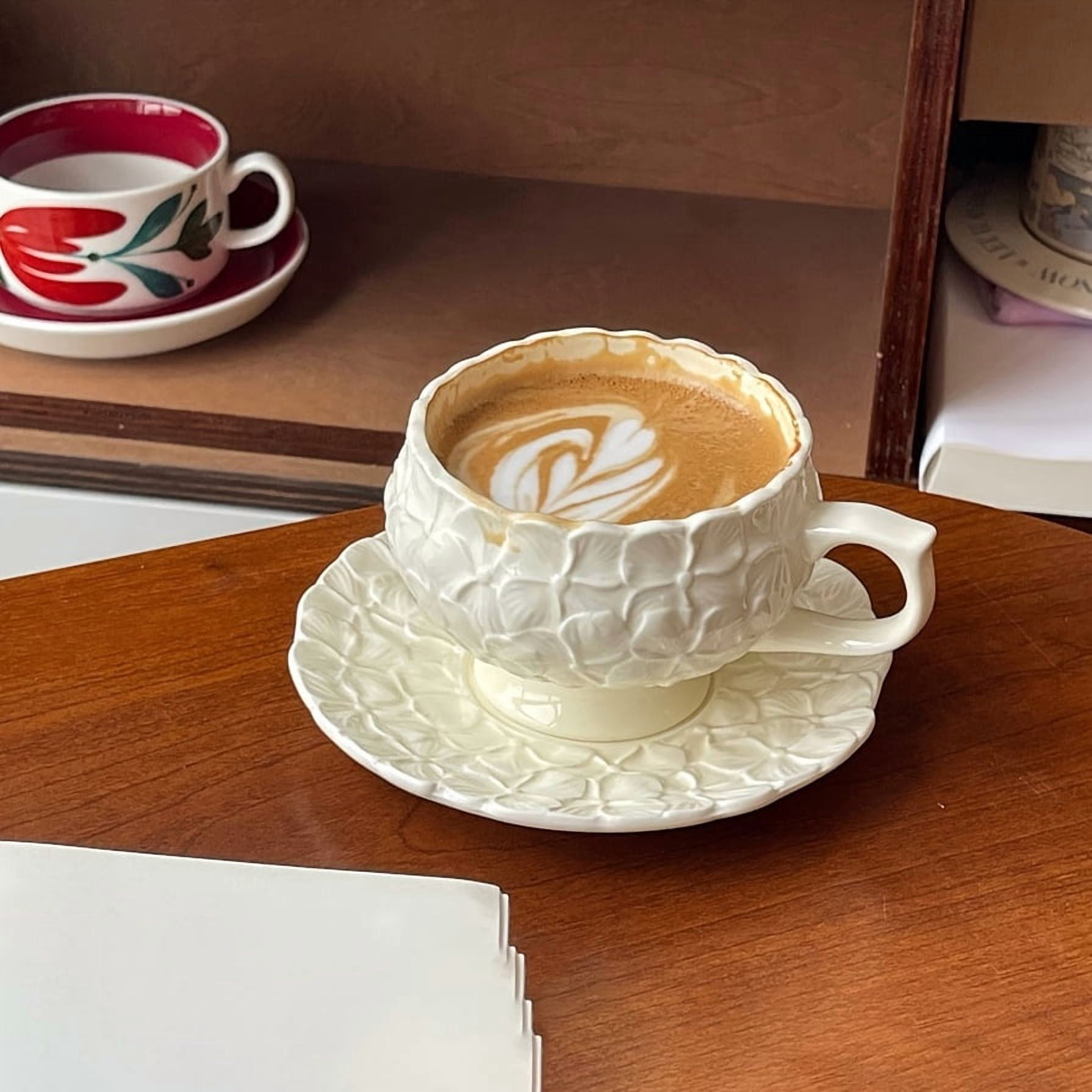 French Vintage Cream Embossed Floral Highball Coffee Cup and Saucer Set - Afternoon Tea Latte Art Cup - A unique gift choice, reusable ceramic, hand wash only, perfect for espresso, cappuccino and ot