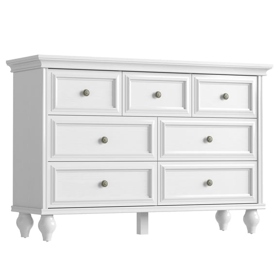 French Vintage Dresser for Bedroom with 7 Drawers, Vintage Design Wood Drawer Dresser Chest of Drawers for Closet, Living Room, Hallway, Nursery, Kids Bedroom, White