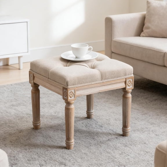 French Vintage Entry Bench Linen Fabric Foot Stool Small Ottoman Seat Vanity Chair with Wood Legs for Piano/Entryway Bedroom/Living Room/Hallway (Beige)