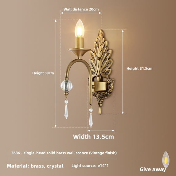 French Vintage Full Copper Candle Wall Lamp, LED Bedroom Bedside ...