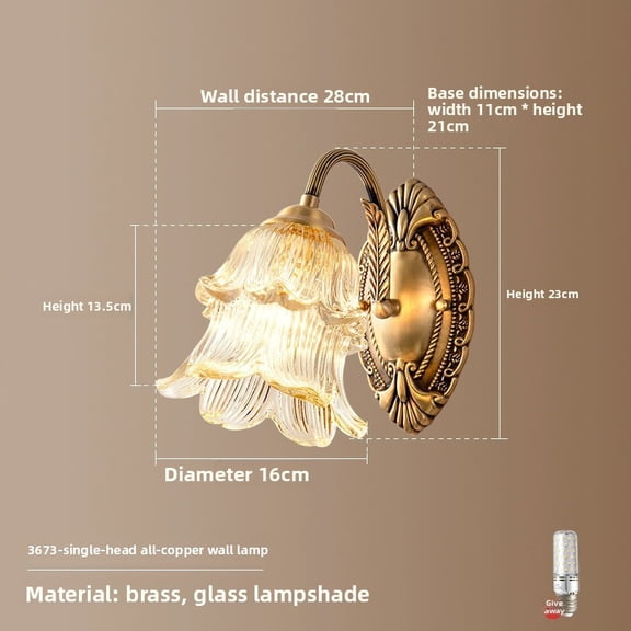 French Vintage LED Wall Sconce, Full Copper Luxury Wall Lamp for Bedroom Bedside, American Retro Living Room, European Elegant Background Wall Lighting