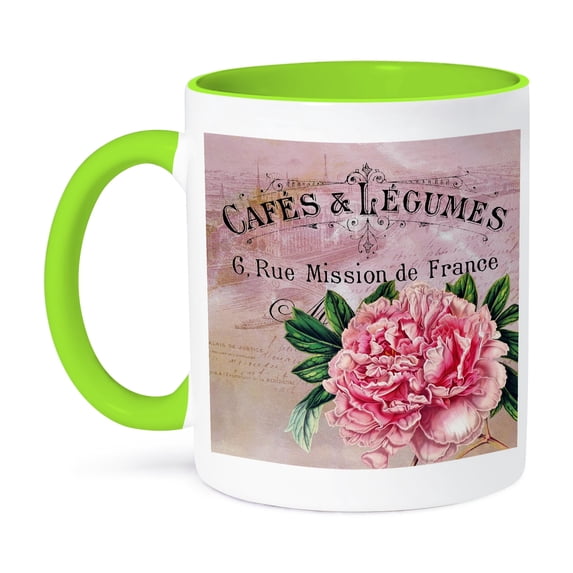 3dRose, French Vintage Pink Peony Botanical, 15oz Two-Tone Green Mug