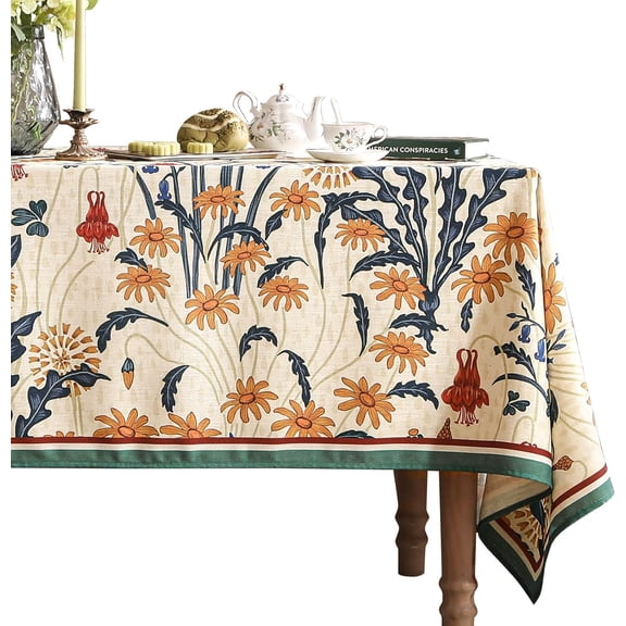 French Vintage Square Tablecloth,Linen Tablecloth with Gold and Red Floral Pattern,Decorative Table Cover for Kitchen,Dining,Thanksgiving,Tea Party,Living Room,67" × 67"-Tijuana