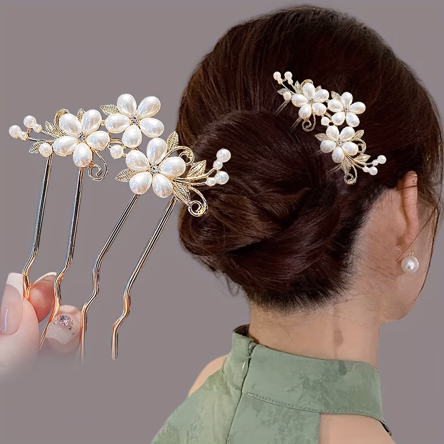 French Vintage Style Hair Comb with Elegant Alloy Flower Hairpin for Women Updo Hairstyles U-Shaped Hair Pin Accessory