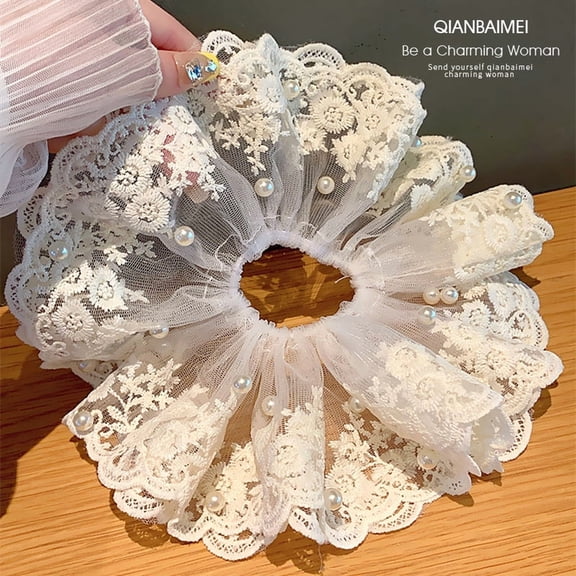 "French Vintage Sweet Lace Puff Hair Tie Soft Beige Elegant Hairband for Women, Perfect for Ponytails & Updos"