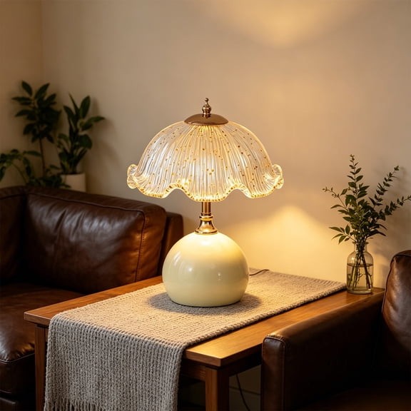 French Vintage Table Lamp with Ruffled Gold Speckled Glass Lampshade,Round Ball Base Options,Rust-Proof and Delicate Luxury Texture for Nightstand,Dresser,Window Sill(White)