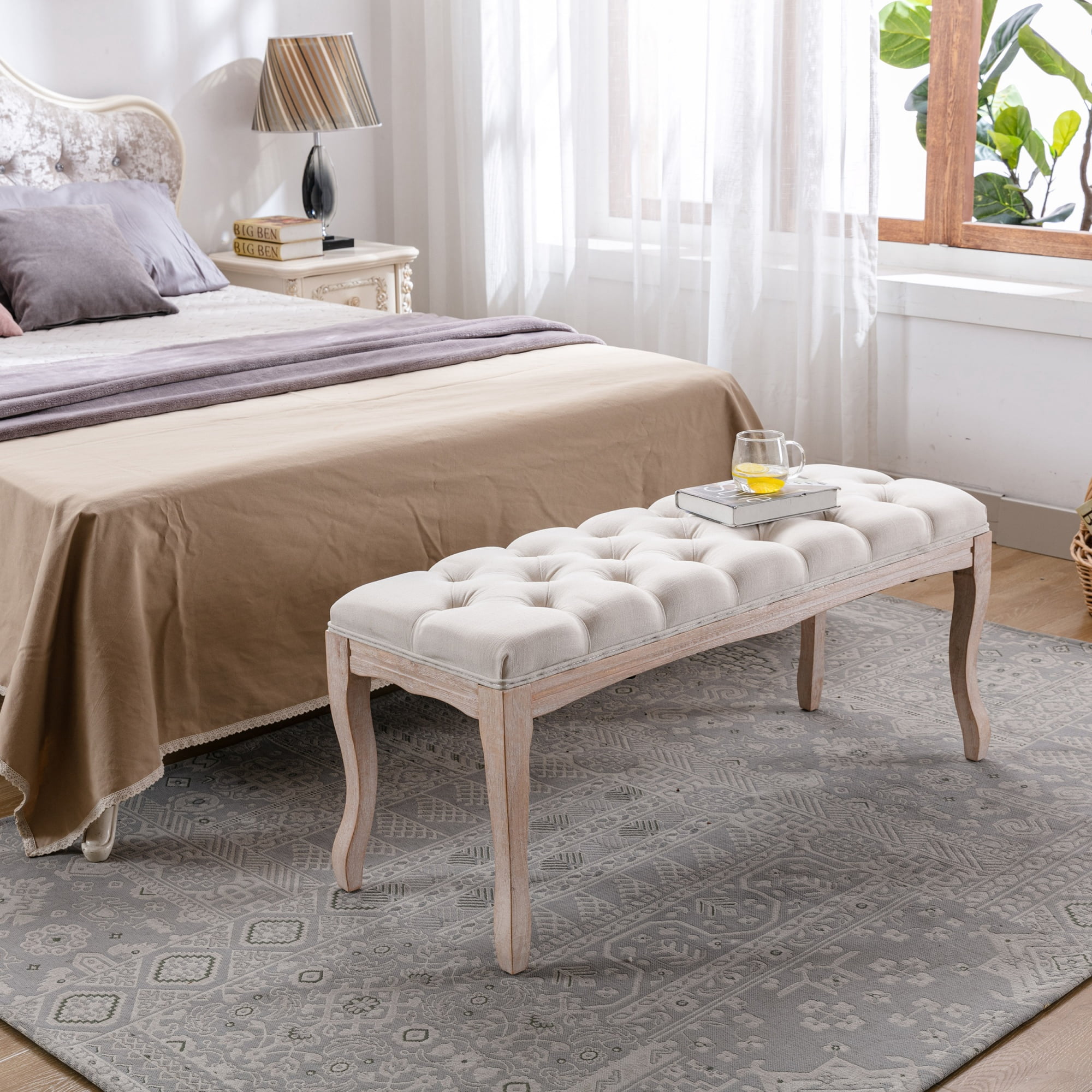 French Vintage Tufted Bedroom Bench with Carved Wood Legs, 43.3-Inch Linen Upholstered Entryway Ottoman for Living Room, Beige