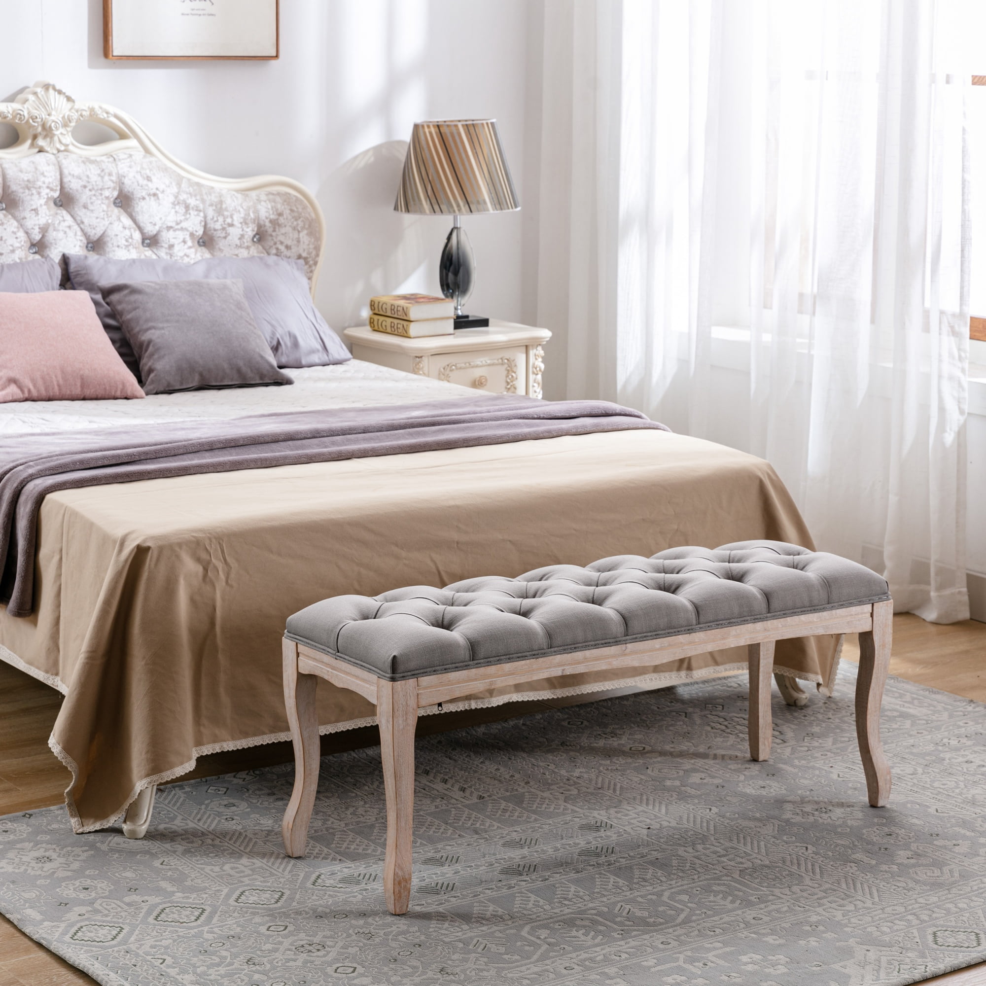 French Vintage Tufted Bedroom Bench with Carved Wood Legs, 43.3-Inch Linen Upholstered Entryway Ottoman for Living Room, Grey