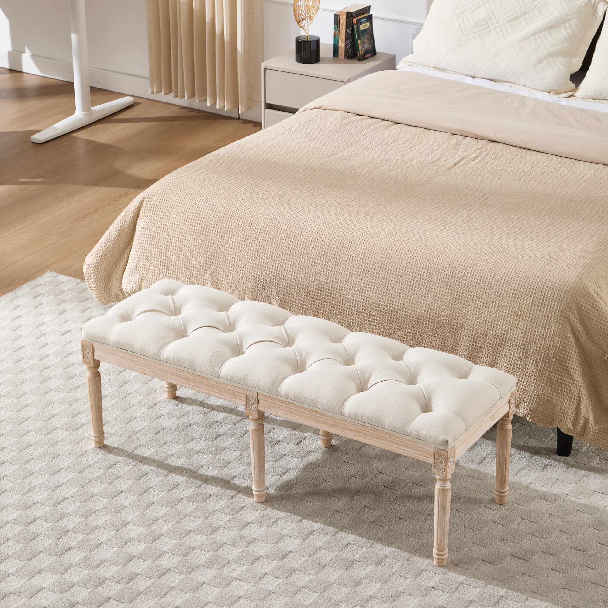 French Vintage Tufted Bedroom Bench with Carved Wood Legs, 47.2-Inch Linen Upholstered Ottoman for End of Bed and Living Room, Cream