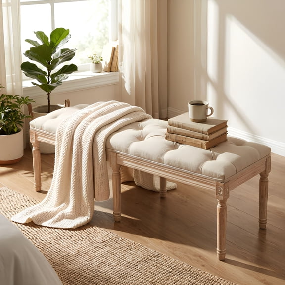 French Vintage Tufted Bench, 43.3" Upholstered Bedroom Bench with Distressed Wood Legs, Linen Ottoman Seat for Entryway Living Room End of Bed – Cream