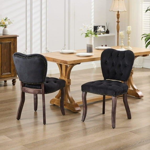 French Vintage Tufted Upholstered Fabric Dining Chairs (Set of 2), Black