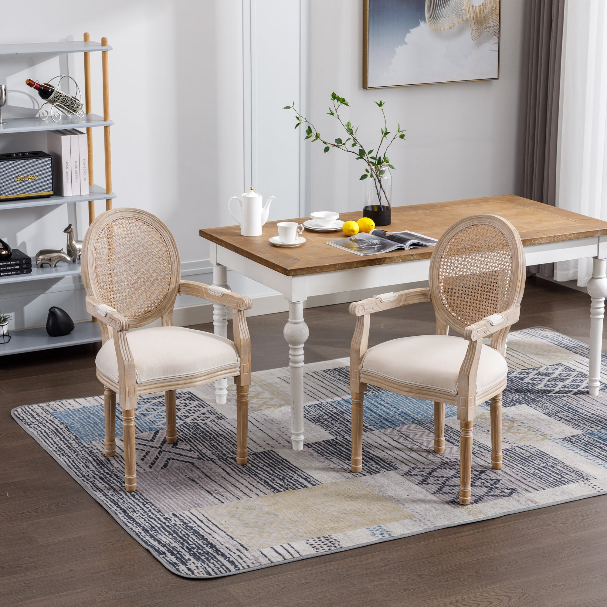 French Vintage Upholstered Dining Armchair Set of 2 with Rattan Mesh Backrest, Fabric Accent Chairs with Rubberwood Frame for Dining Room, Beige