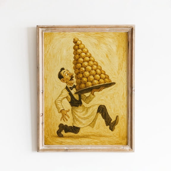 French Waiter Dessert Poster – Vintage Art Poster, Stretched Canvas Size 16x24