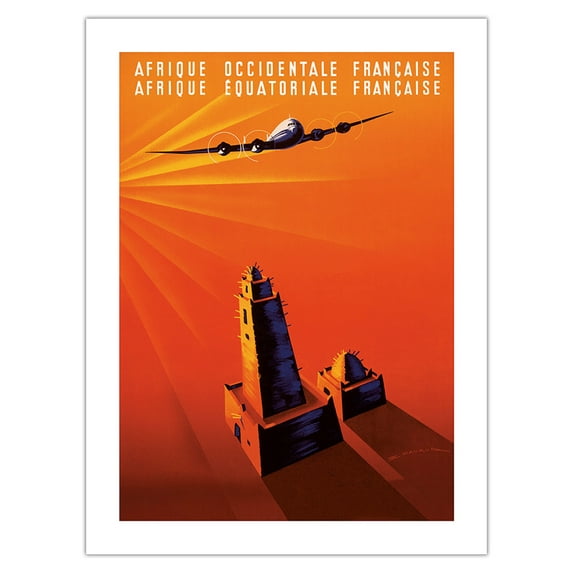 French West Africa - French Equatorial Africa - Vintage Airline Travel Poster by Edmond Maurus c.1940s - Bamboo Fine Art 290gsm Paper Print (Unframed) 18x24in
