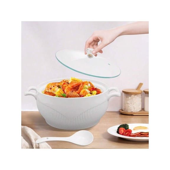 French White Ceramic Soup Tureen (7.48"/8.54") - Porcelain Covered Serving Pot with Glass Lid (Microwave/Dishwasher/Oven Safe for Home, Restaurant & Dinner Parties)