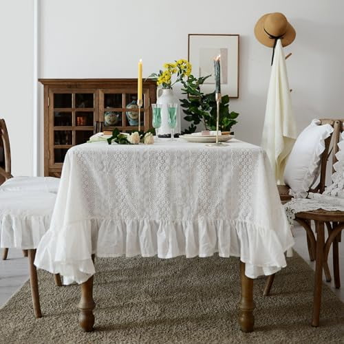 French White Cotton Tablecloth Ruffled Lace Embroidered Fabric Tablecloths Rustic Table Cover for Home Holiday Party Christmas(60"x120", White Circle)