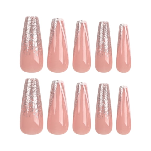 French White Edge Long Ballerina Press-On Nails, Silver Glitter, Bestselling False Nail Tips