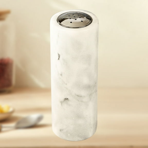 French White Marble with Stainless -Unique Veining Salt-Pepper Shaker with Grey Veining, Organic Salt- Pepper Dispenser Shaker, Sturdy Kitchen Decorate, Salt Shaker for Kitchen, Dining Table