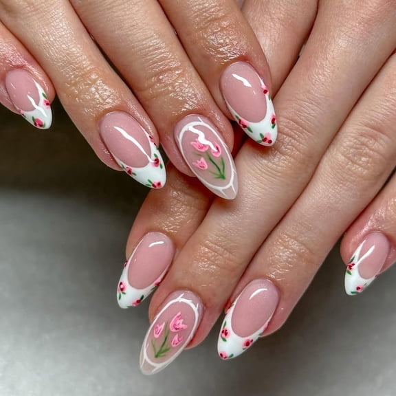 French White Sweet Press-On Nails, Tulip Flower Design, Short Almond Detachable False Nails