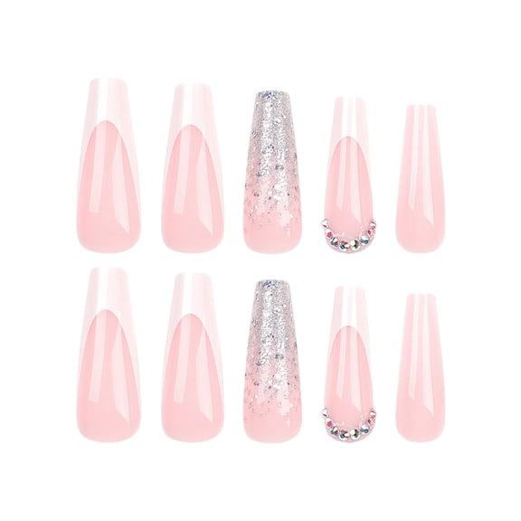 French White Tip Pink White Gradient Glitter Rhinestone Press on Nails, Long Coffin Glossy False Nails, 24 Count