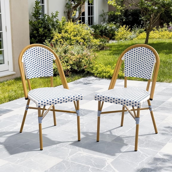 French Wicker Bistro Chair Set of 2, Outdoor Dining Chairs with Natural Woodgrain Aluminum Frame, Rattan Accent Stackable Patio Chairs for Porch Backyard Garden Kitchen, Navy Blue and White