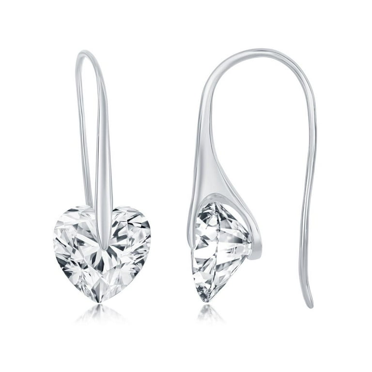 French Wire with Heart Simulated CZ Diamond Earrings Silver