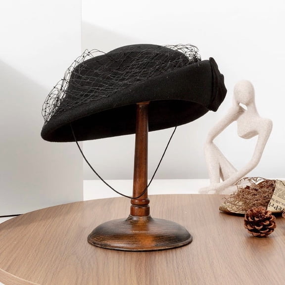 French Wool Beret Hat Women Vintage Mesh Veil Pearl Bow Elegant Autumn Winter