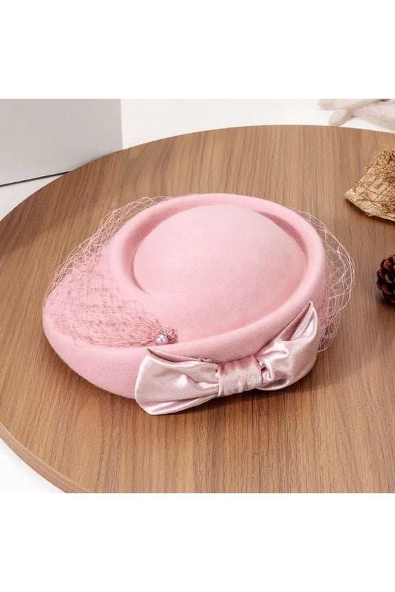 French Wool Beret Hat Women Vintage Mesh Veil Pearl Bow Elegant Autumn Winter