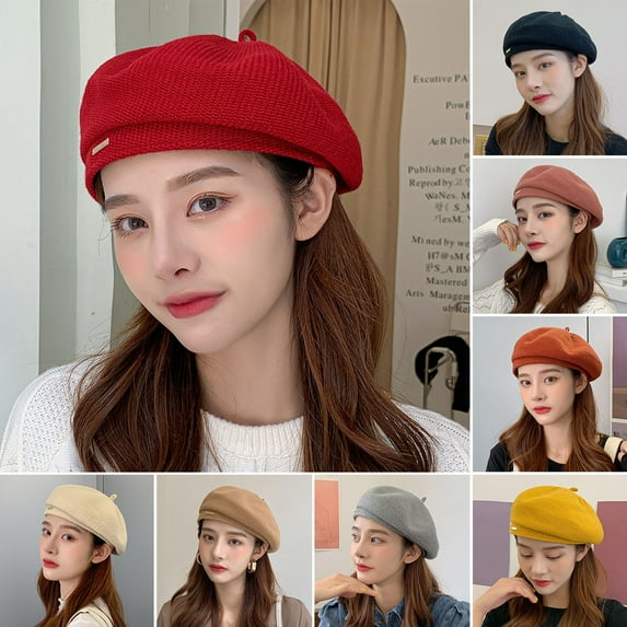 French Wool Beret Hat for Women-Solid Color Classic Slouchy Knit Beanie Winter Warm Artist Painter Hat