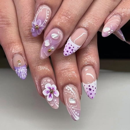French fresh manicure wearing nail purple smudge 3D flower wearing nail piece almond fake nails wholesale