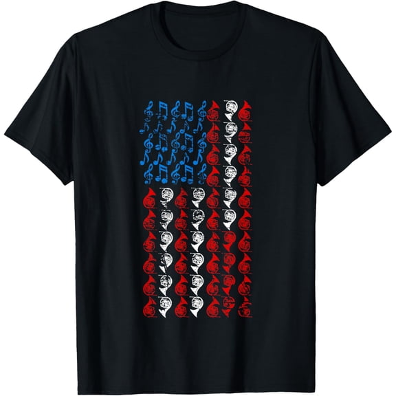 French horn American Flag 4th of July Men Women Hornist USA T-Shirt