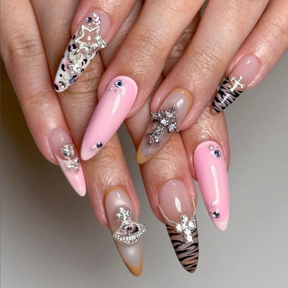 French leopard print zebra print manicure, fake nails, long pointed wearable nail pieces, star chain nail pieces wholesale