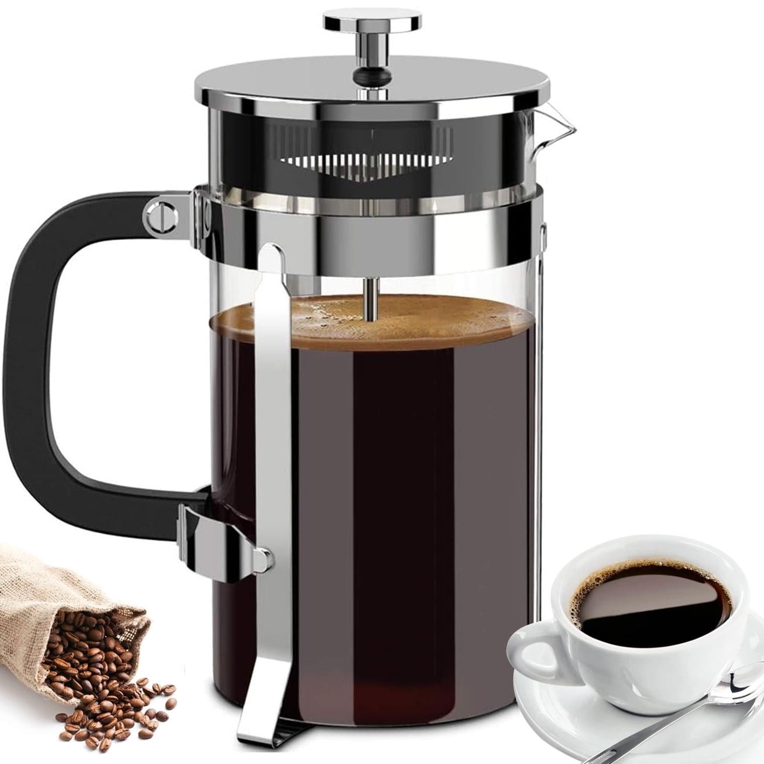 French press coffee maker, 34 oz stainless steel french press coffee maker with 4 filters, hand pour coffee stainless steel borosilicate glass french press