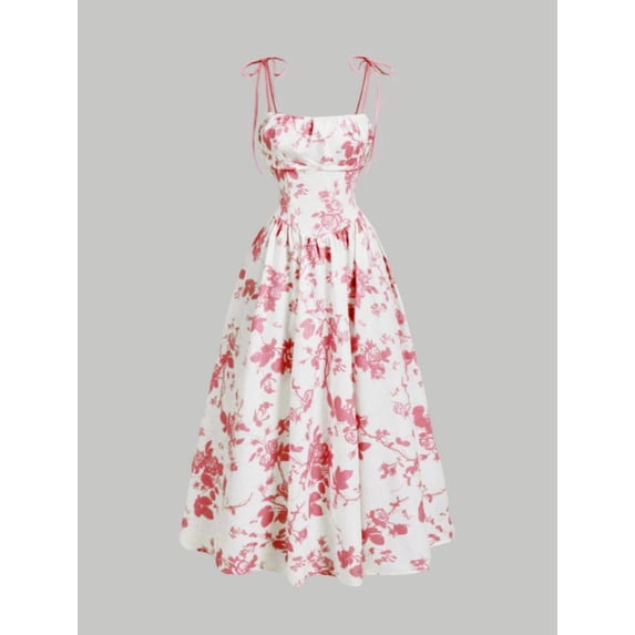 French retro floral print elegant waist-cinching slip dress