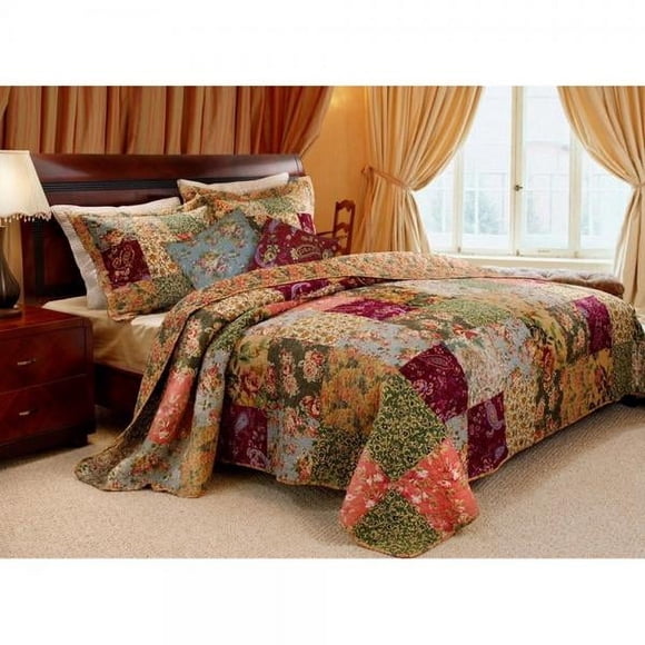 Oversized King Bedspread Set - 128x120 Inch, Reversible Floral Patchwork Quilt, 6-Piece, Microfiber