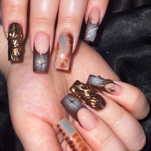 French smudge wearing nail 3D star manicure medium and long nail piece removable black sugar fake nail patch wholesale
