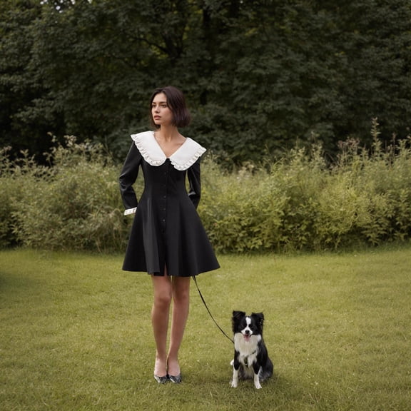 French-style black and white contrast doll collar short women's dress with elegant pleated A-line design