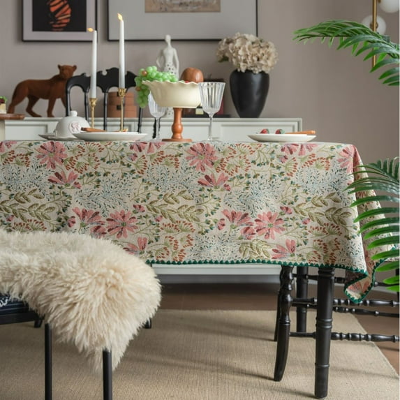 French tablecloth rectangular - plant-style floral printed jacquard fabric dining table, decorated with retro green flowers