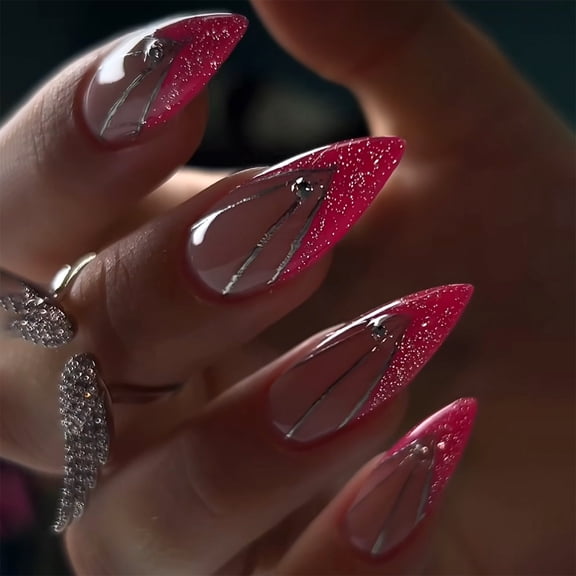 French v-shaped red wearing nail point drill glitter powder nail art fake nail short almond press on nail piece
