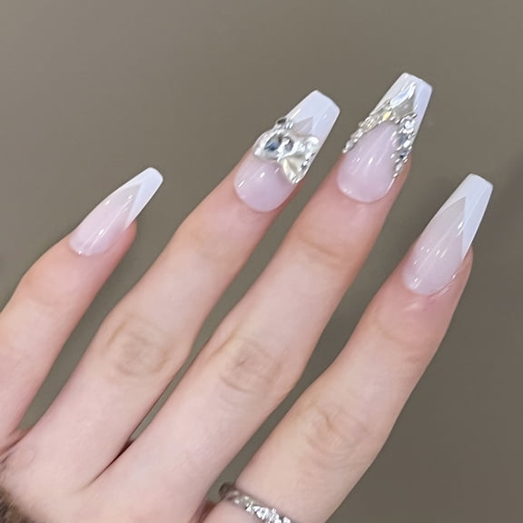 French v-shaped white edge wearing nail flash diamond flash fake nails new Xiaohongshu press on nails