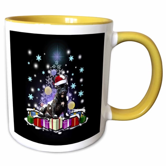 3drose, Frenchie French Bulldog Dog with Merry Christmas Snow, 15oz Two-tone Yellow Mug