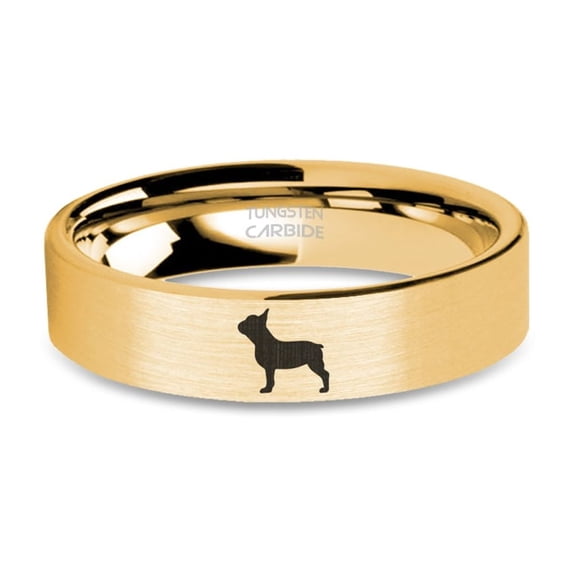 Frenchie French Bulldog Engraved Brushed Gold Tungsten Carbide Ring, 6mm, Size 8