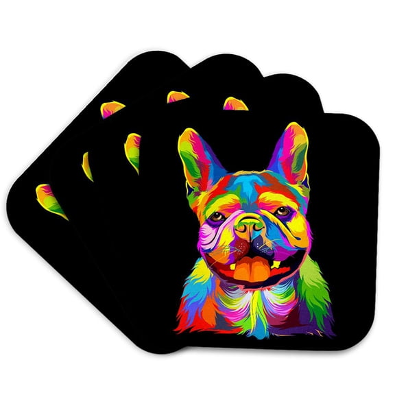 3drose, Frenchie French Bulldog Funny Portrait with Colors, Set of 4 Coasters - Soft