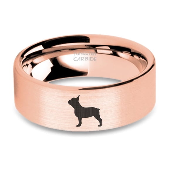 Frenchie French Bulldog Rose Gold Engraved Tungsten Ring, Brushed, 8mm, Size 13