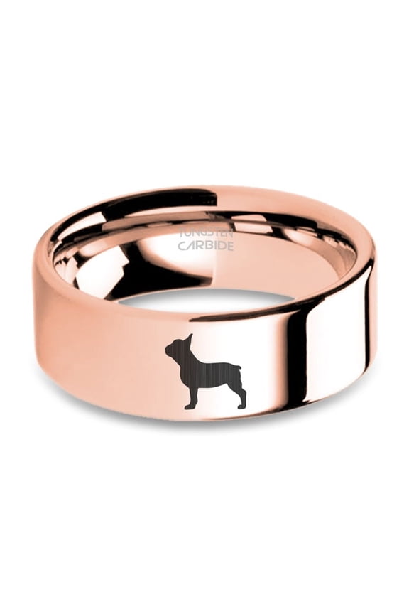 Frenchie French Bulldog Rose Gold Tungsten Carbide Ring, Polished, 8mm, Size 13.5