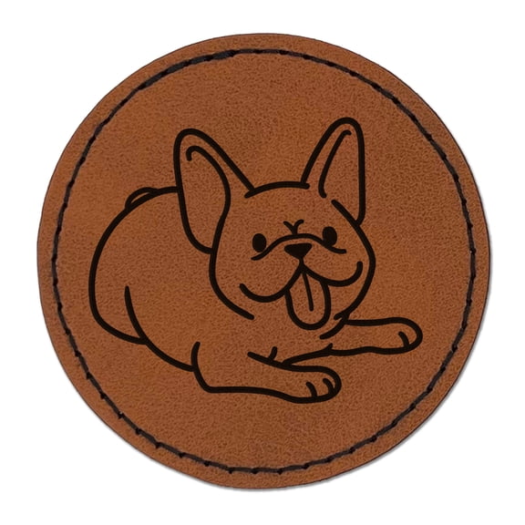Frenchie Laying Down French Bulldog Dog 2.5" Faux Leather Round Engraved Iron-On Patch - Brown