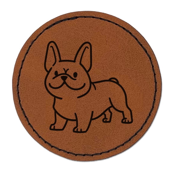 Frenchie Standing French Bulldog Dog 2.5" Faux Leather Round Engraved Iron-On Patch - Brown
