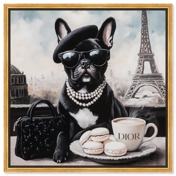 Frenchie in Paris Treats Canvas Fashion Art Prints by Art Remedy, Gold Frame, 16 x 16