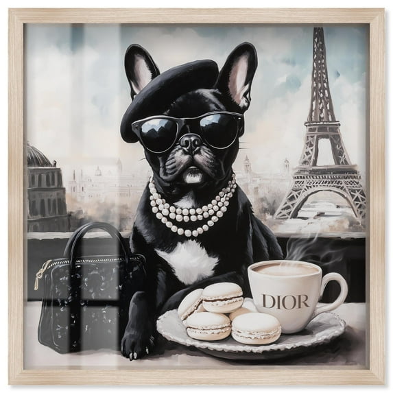 Frenchie in Paris Treats Shadowbox Print Fashion Art Prints by Art Remedy, Blonde Frame, 40 x 40